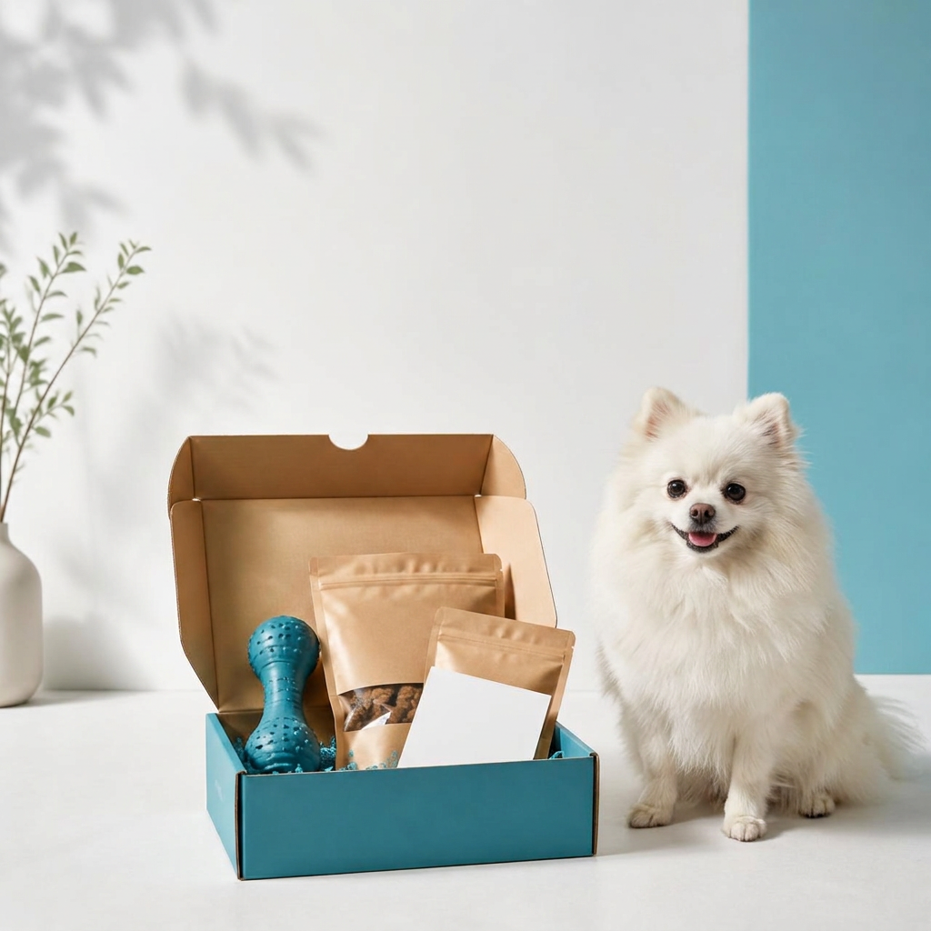 Caixa Box Inu aberta com brinquedo e petiscos, ao lado do mascote Spitz alemão branco sentado e feliz